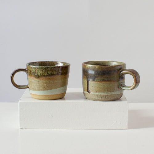 HP Mugs: brown and green on stoneware